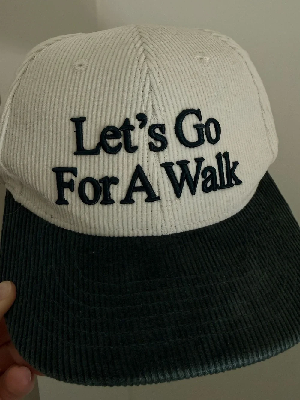 Yellow the Label Embroidered 'Let's Go For A Walk' Two-Tone Corduroy Cap